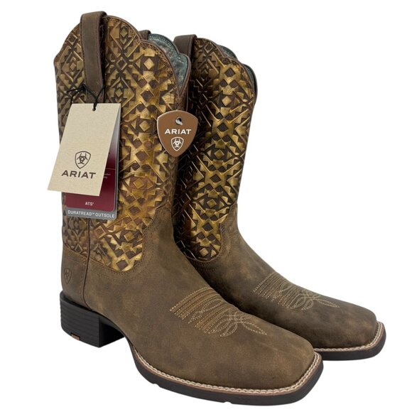 Ariat Women's Round Up Wide Square Toe Leather Brown Western Boots Size 10B NWOB - Picture 5 of 16